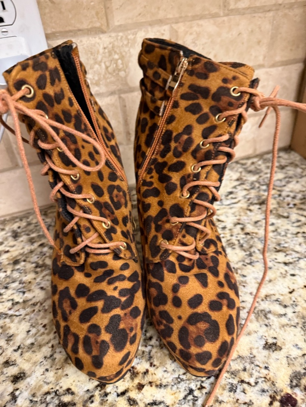 FAVLUX Leopard Print Lace-Up Ankle Boots in Tan and Dark Brown